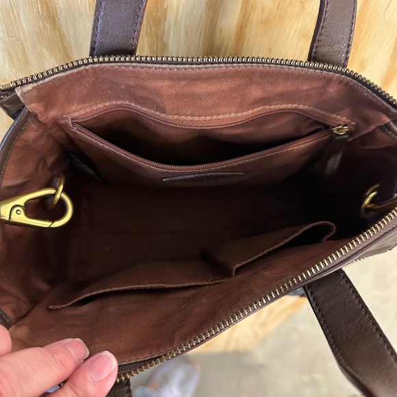 Fossil Geometric Jacquard Canvas & Brown Leather‎ Satchel Crossbody Bag - Picture 3 of 5